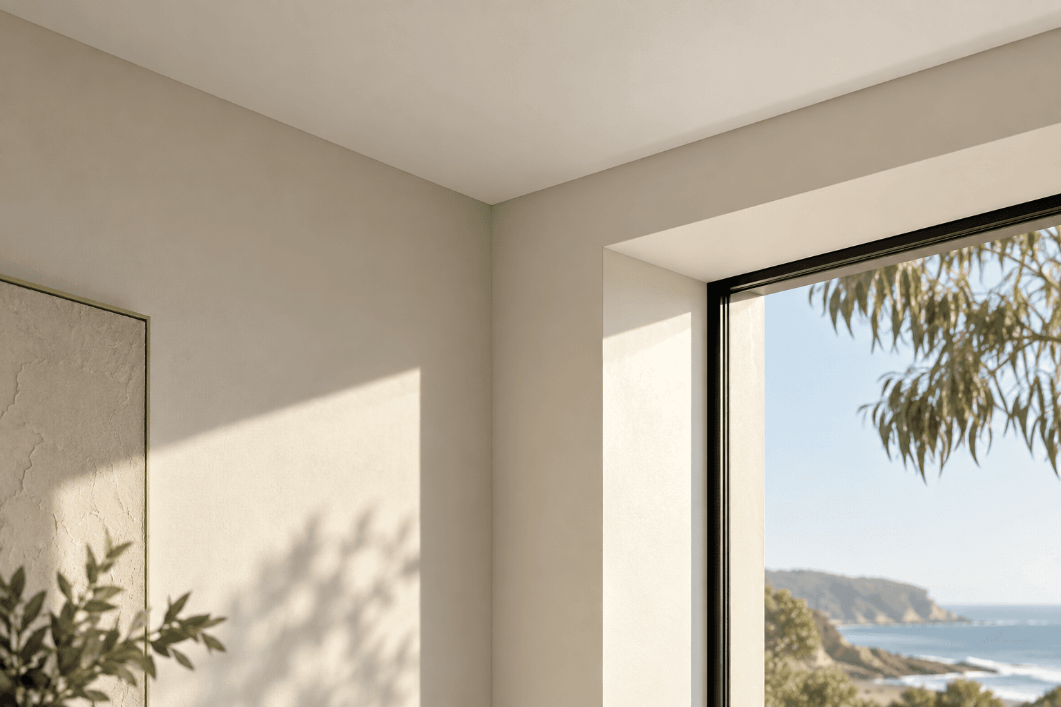Sunlight across a finished plasterboard corner and recessed window reveal