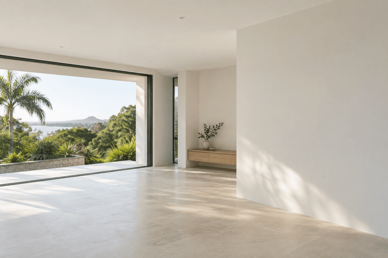 Light-filled coastal interior with smooth plasterboard walls and a clean ceiling junction